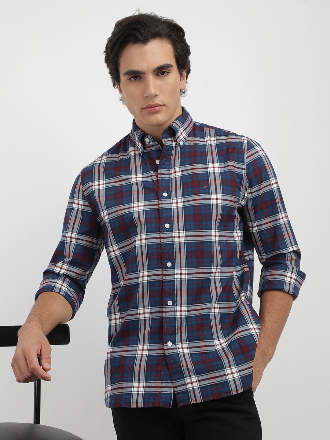 

Tommy Hilfiger Men Tartan Checked Spread Collar Casual Shirt, Blue