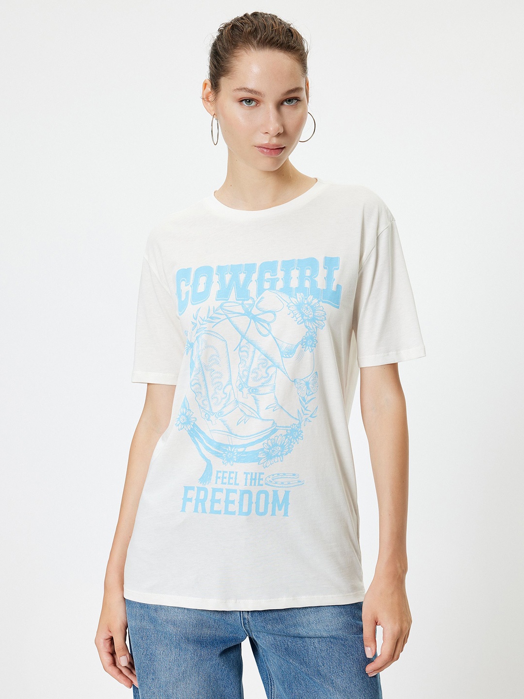 

Koton Women Graphic Printed Round Neck Cotton Oversized T-Shirt, Beige