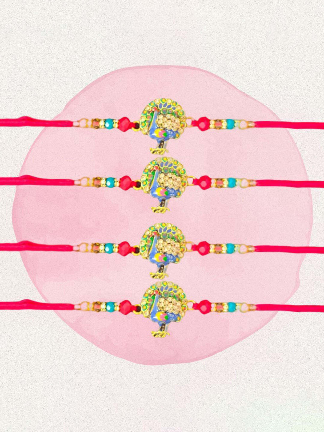 

PUFFSMART Set of 4 Beaded Peacock Thread Rakhis, Pink