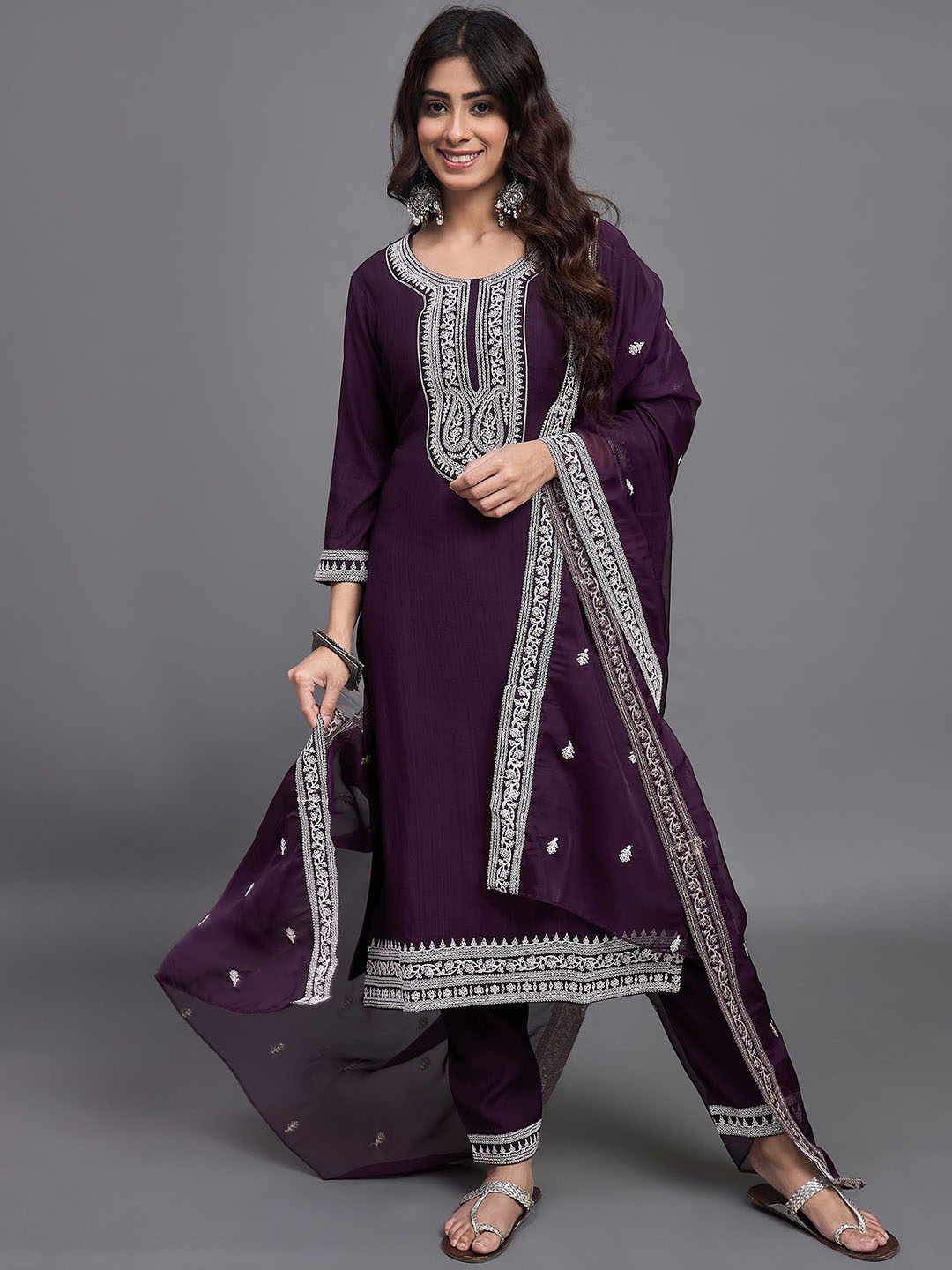 

KALINI Floral Embroidered Pure Silk Straight Kurta With Trouser & Dupatta, Maroon