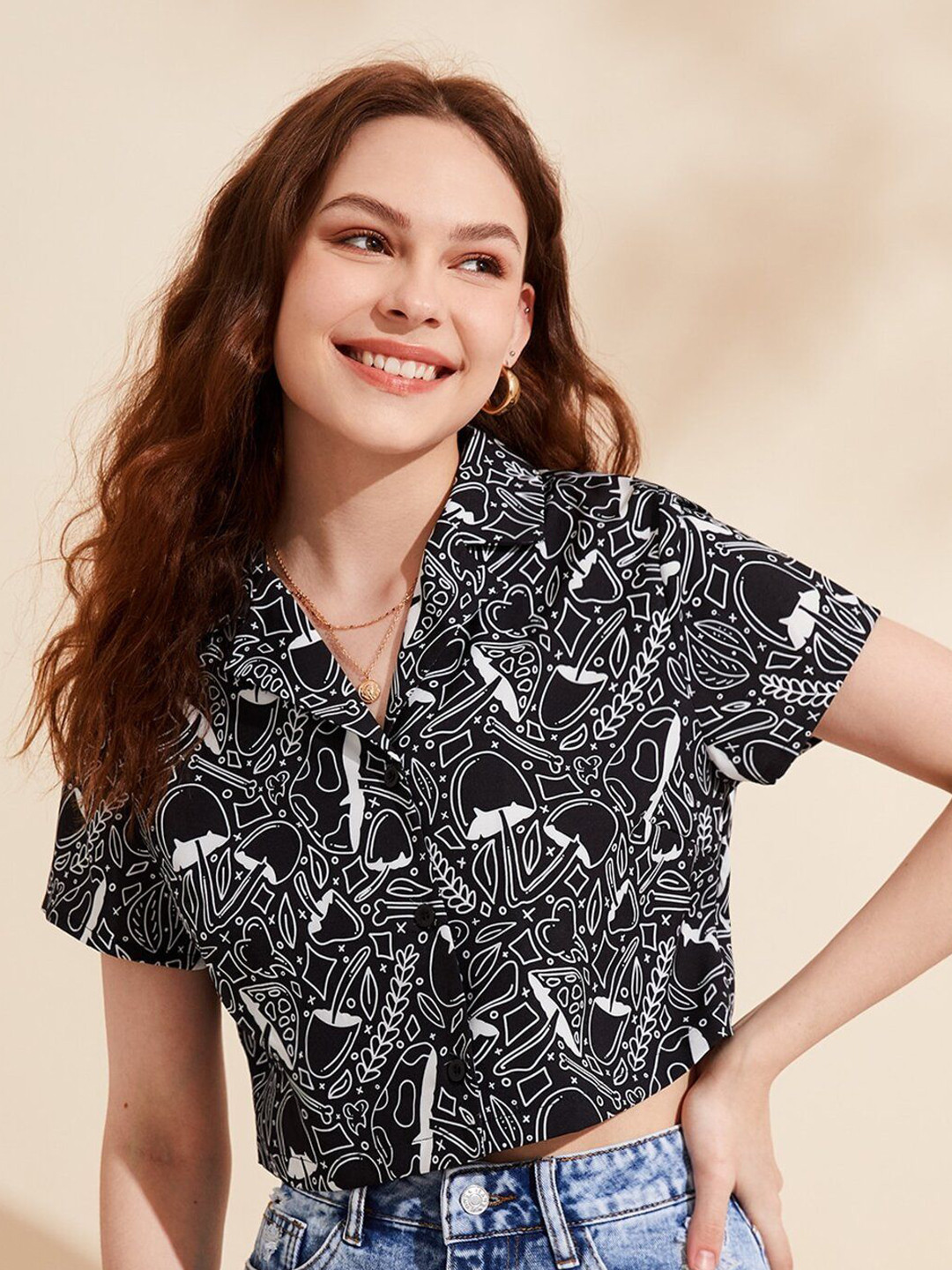 

TAGDO Women Spread Collar Abstract Printed Casual Shirt, Black