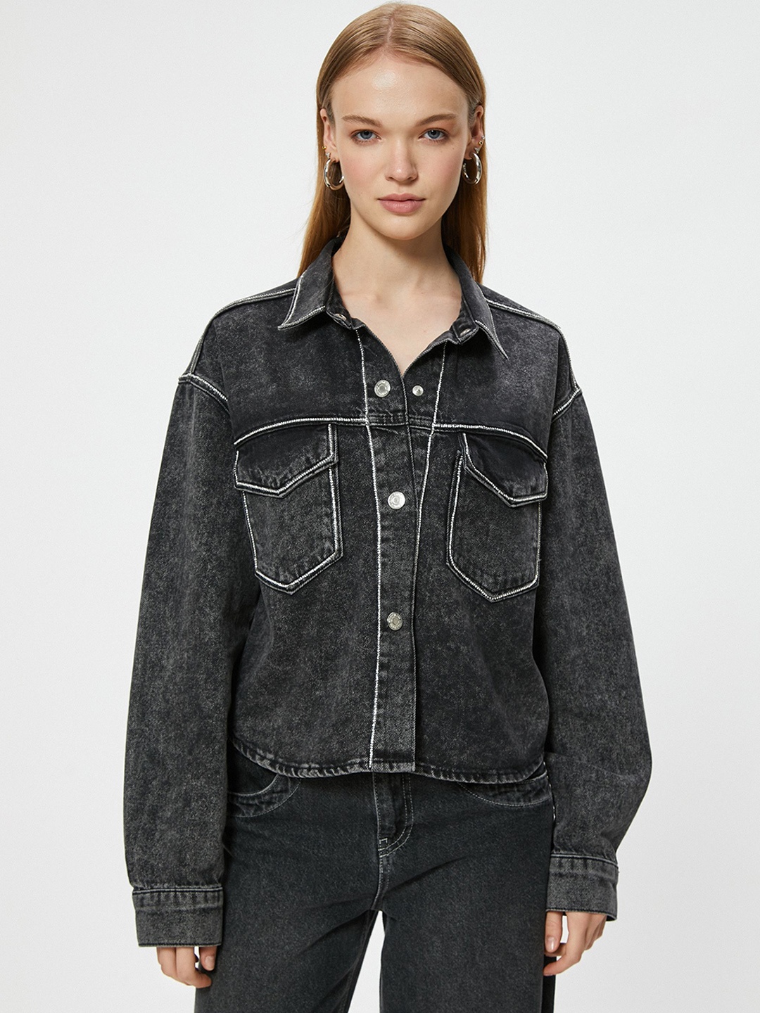 

Koton Women Solid Denim Jacket with Patchwork, Black