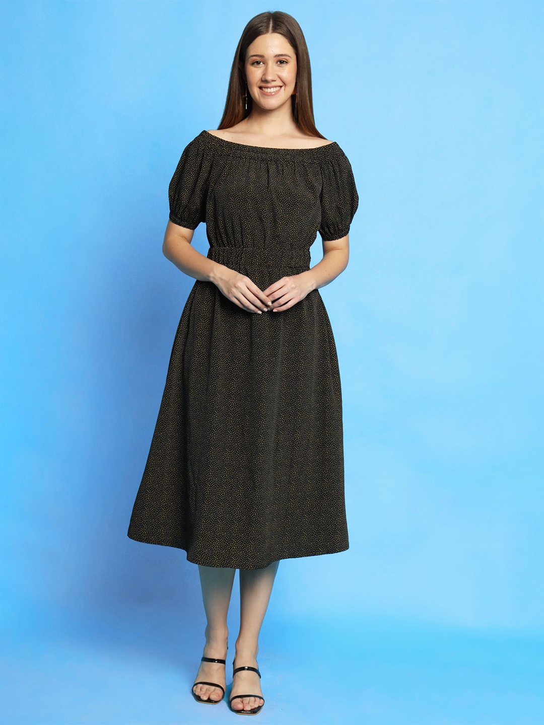 

KIZI Women Women Off-Shoulder Puff Sleeve Fit & Flare Midi Dress, Black