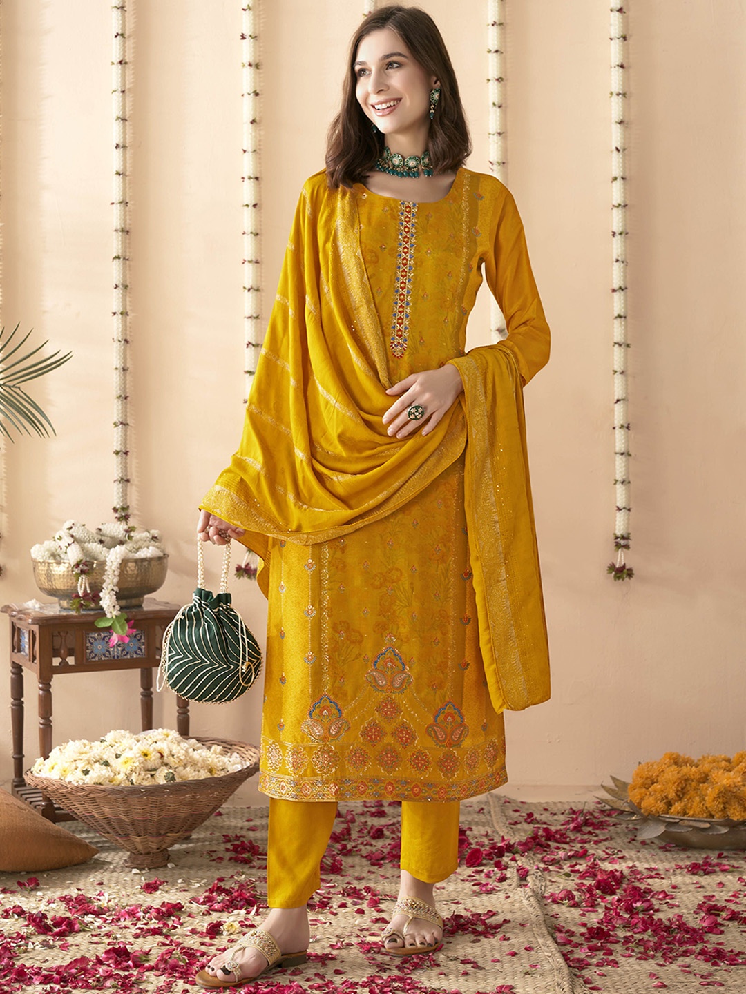 

Anouk Ethnic Motifs Embroidered Zardozi Pure Silk Straight Kurta With Trousers & Dupatta, Mustard