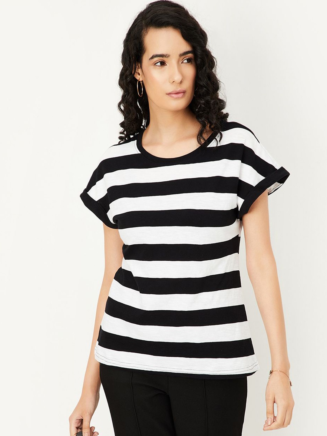 

max Women Striped Round Neck Cotton T-Shirt, Black