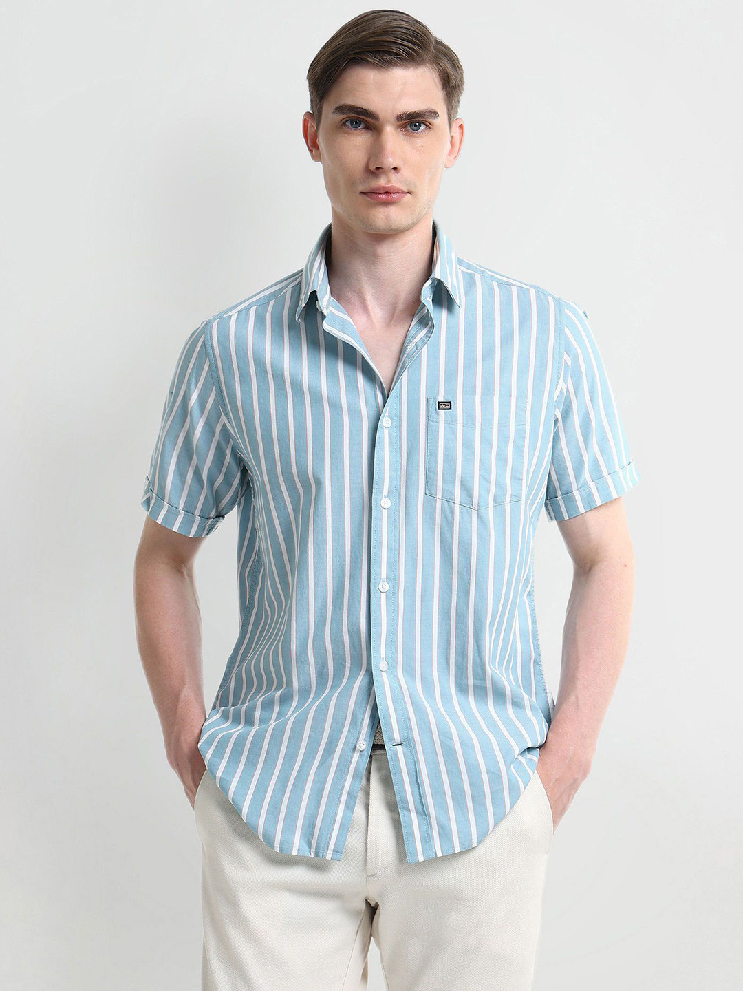 

Arrow Sport Men Spread Collar Striped Cotton Casual Shirt, Blue