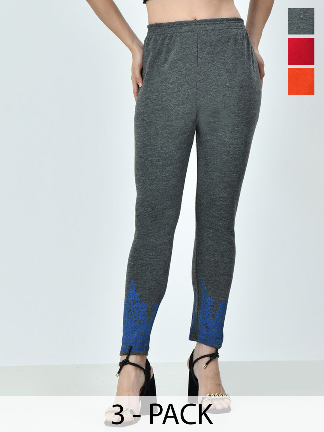 

BAESD Pack Of 3 Printed Woolen Ankle-Length Leggings, Grey