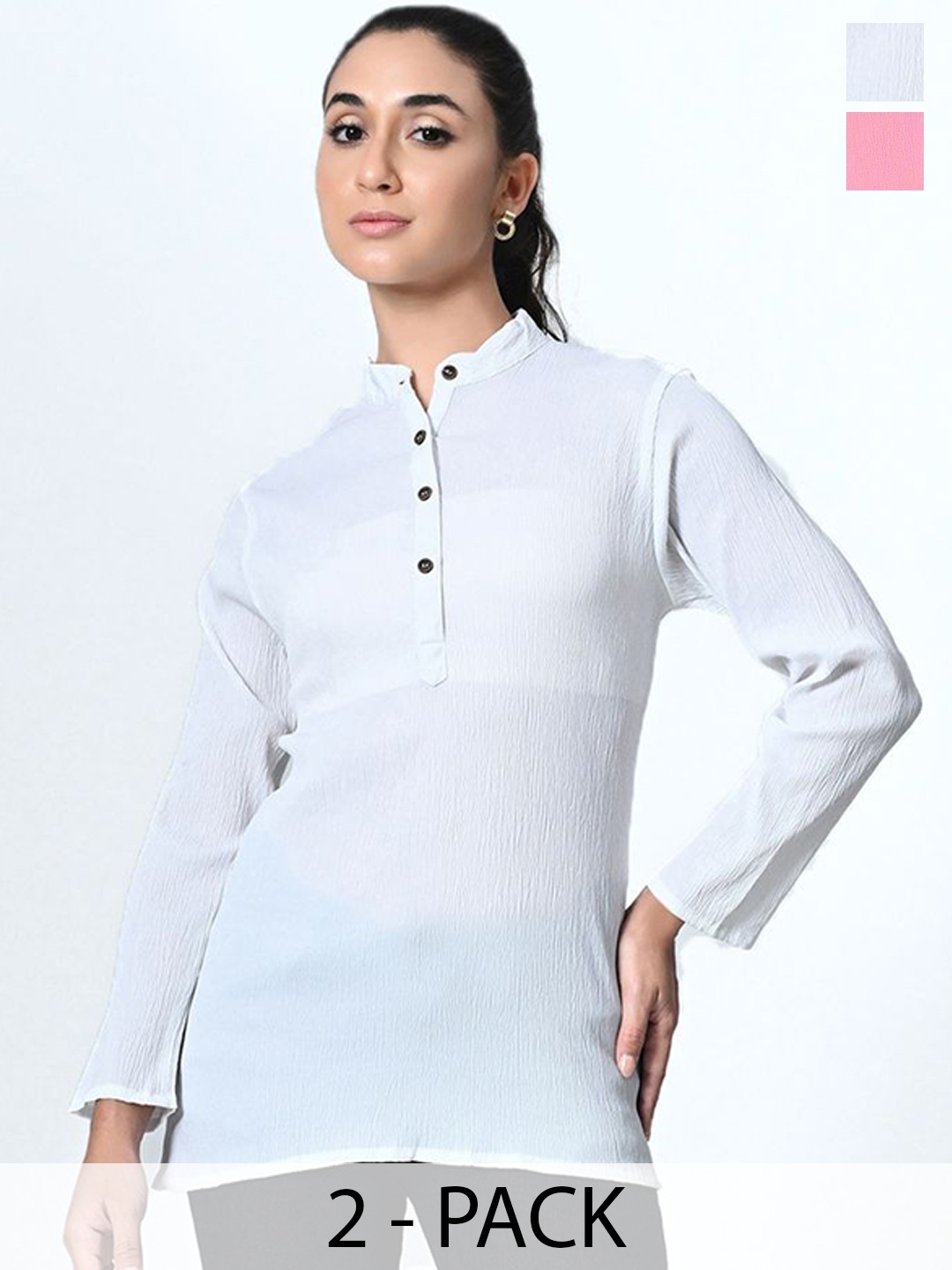 

BAESD Pack Of 2 Self Design Mandarin Collar Crepe Tops, White