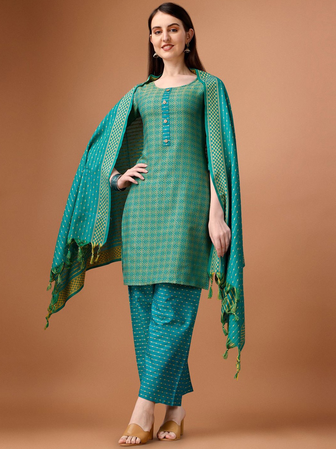 

Growdamy Women Ethnic Motifs Regular Pure Cotton Kurta with Trousers & With Dupatta, Green