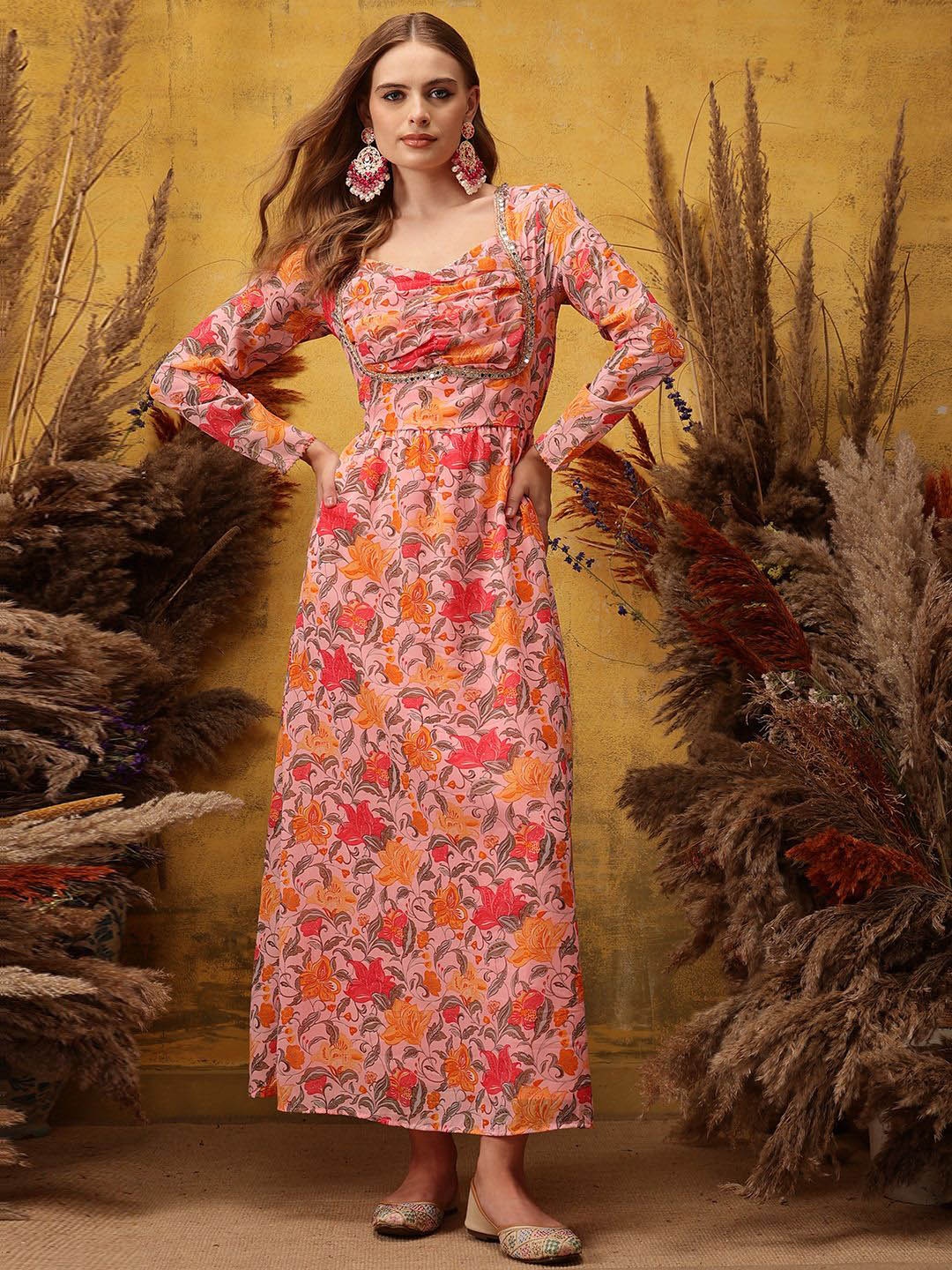 

indo street Printed Maxi Ethnic Dresses, Pink