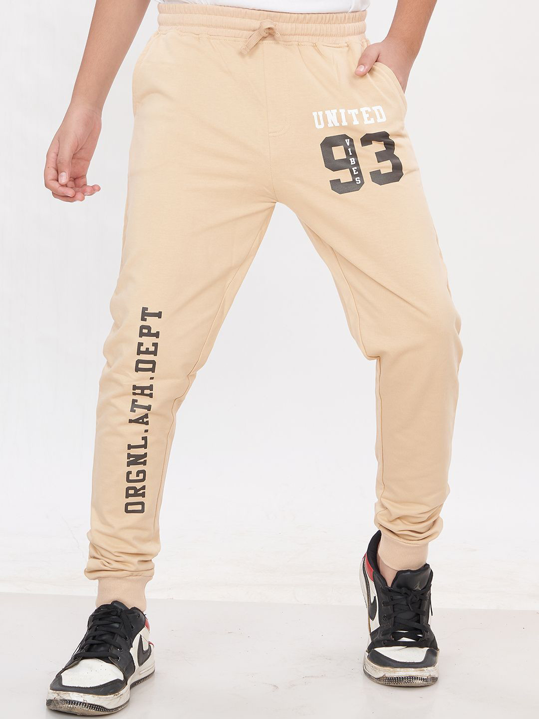 

Elzoh Boys Cotton Printed Mid-Rise Regular Fit Joggers Track Pants, Beige