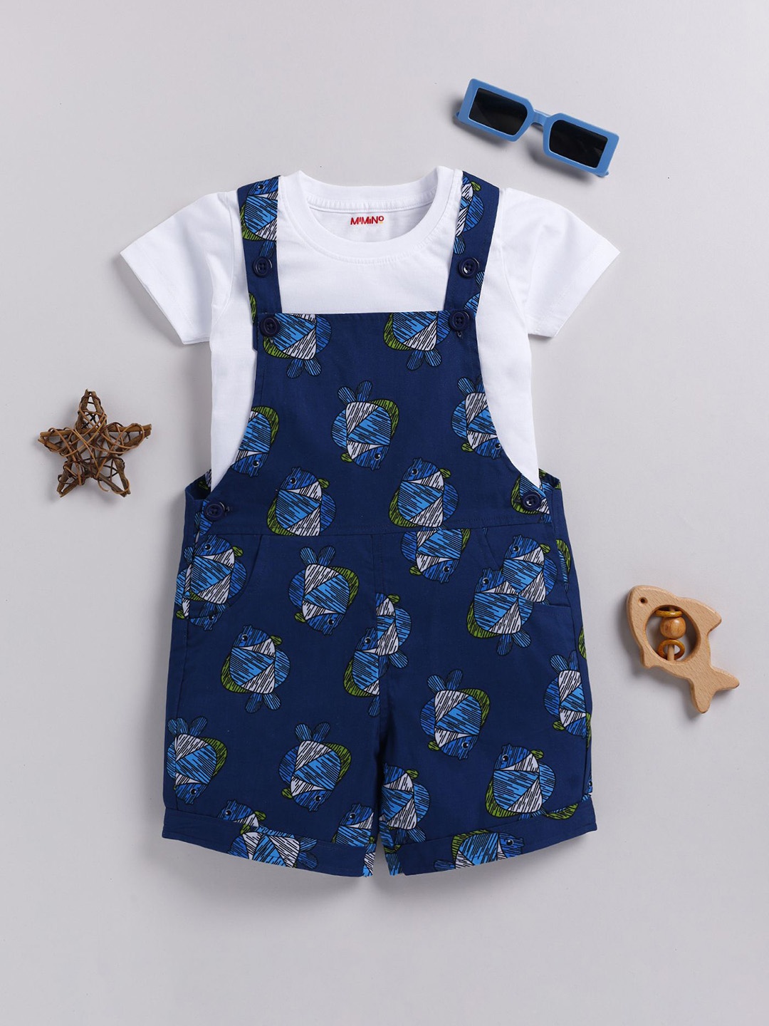 

MIMINO Girls Pure Cotton Printed Dungaree With T-Shirt, Navy blue