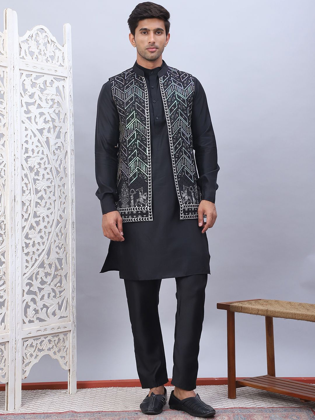 

Jompers Mandarin Collar Silk Cotton Straight Kurta with Churidar & Nehru Jacket, Black