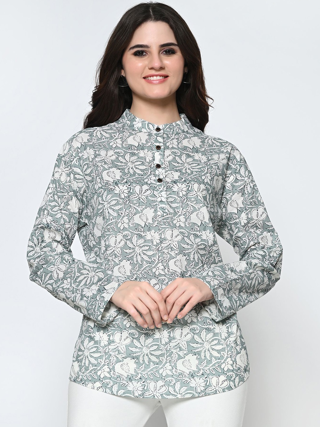 

BAESD Floral Printed Mandarin Collar Pure Cotton Straight Short Kurta, Grey