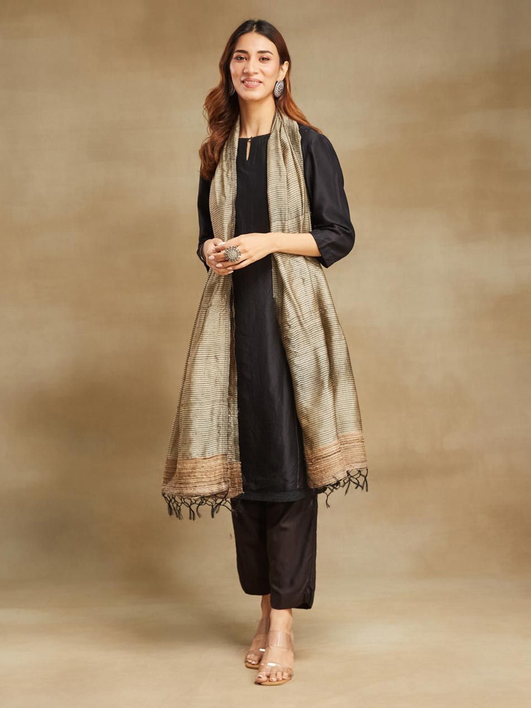 

Fabindia Women Striped Stole, Gold