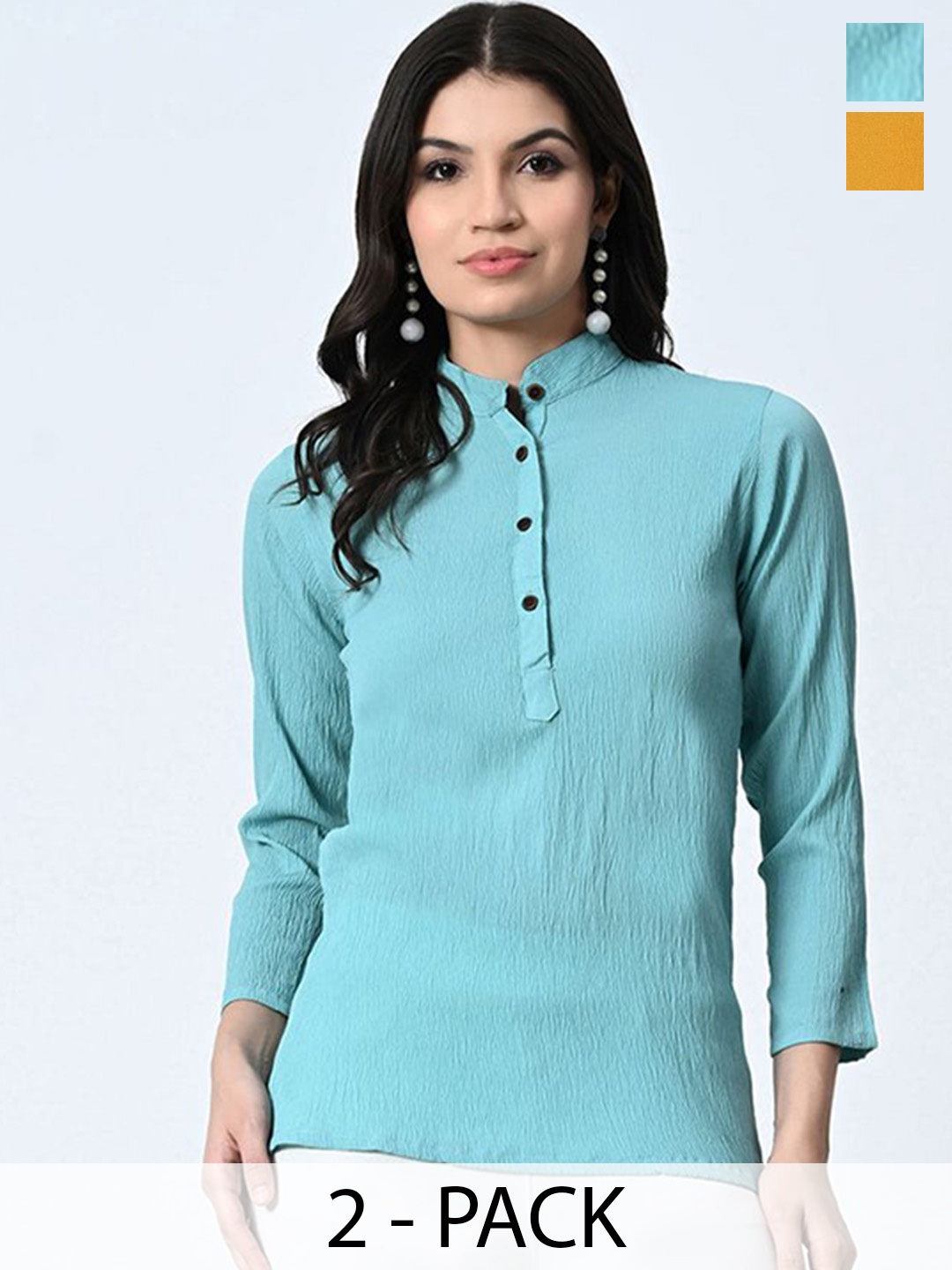 

BAESD Pack of 3 Mandarin Collar Crepe Straight Top, Blue