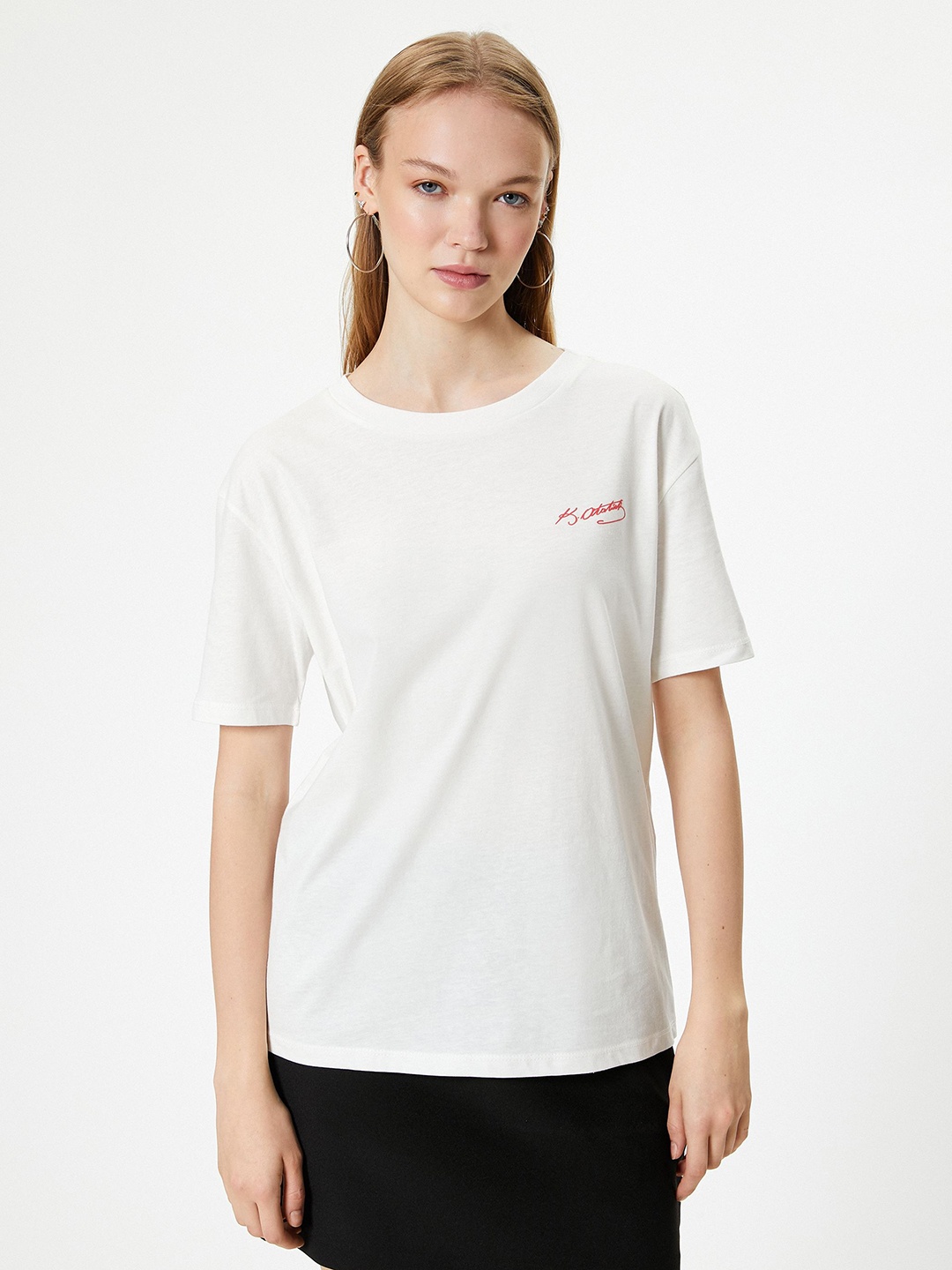 

Koton Women Graphic Printed Round Neck Cotton Relaxed Fit T-Shirt, Off white