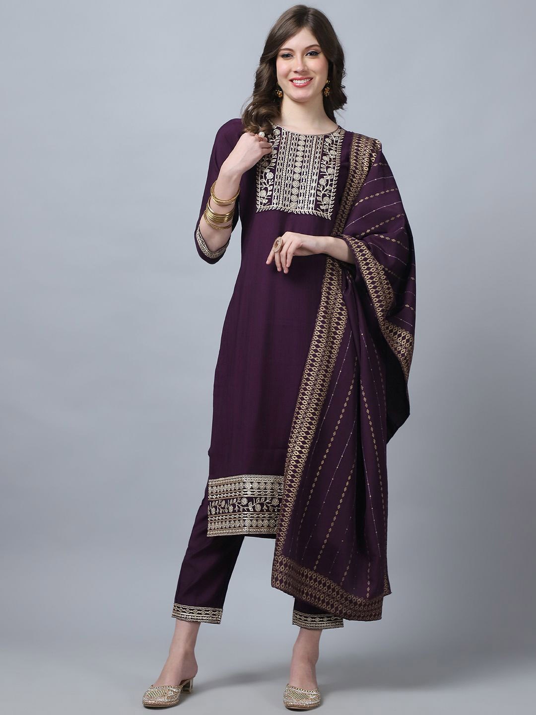 

KALINI Floral Yoke Design Pure Silk Kurta with Trousers & Dupatta, Maroon