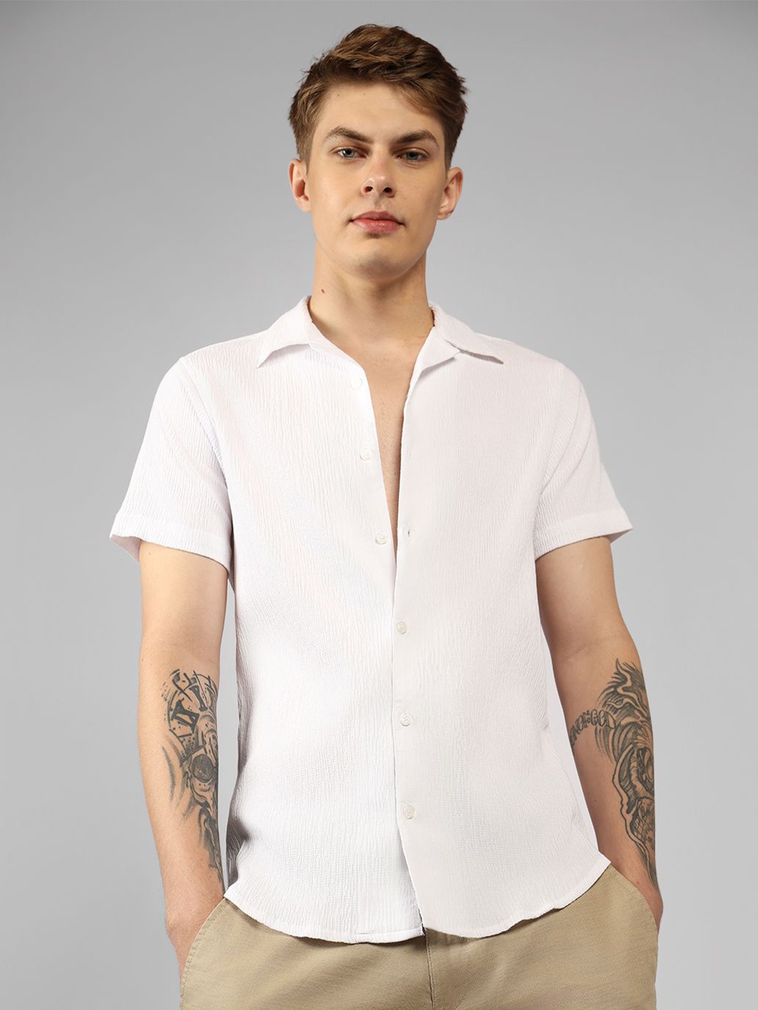 

Dennis Lingo Men Cuban Collar Textured Casual Shirt, White