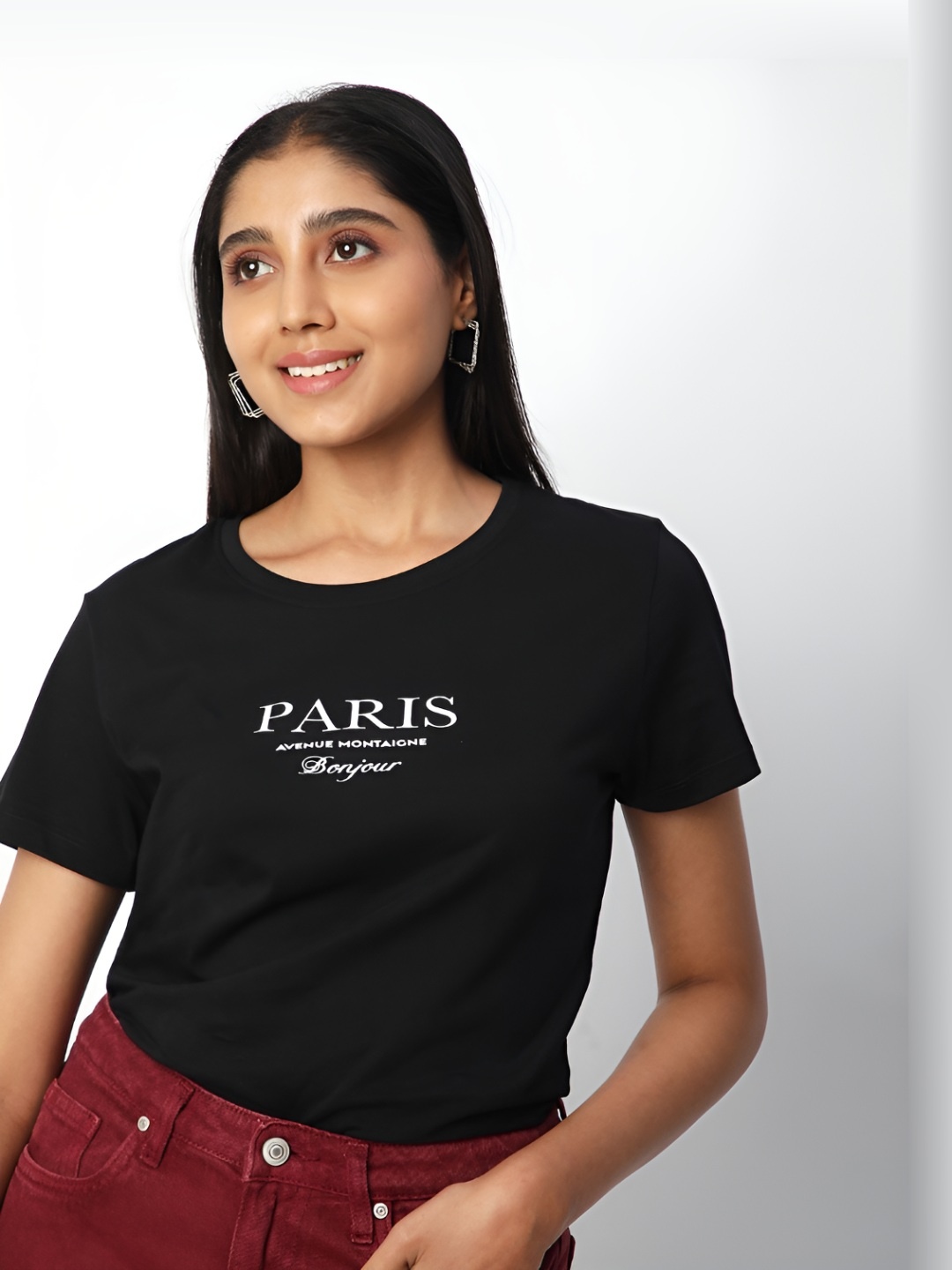 

R&B Women Typography Printed Round Neck Cotton T-shirt, Black