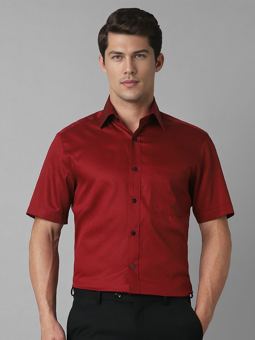 

Louis Philippe Men Classic Spread Collar Solid Cotton Formal Shirt, Red