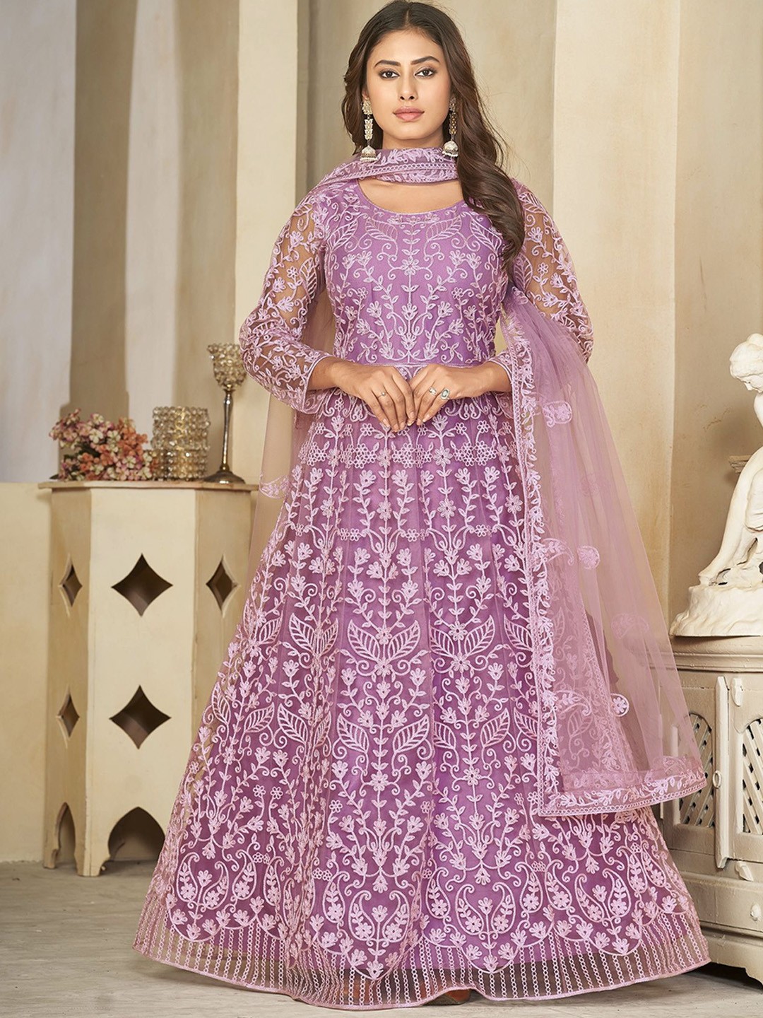 

Warthy Ent Floral Embroidered Net Semi-Stitched Dress Material, Purple