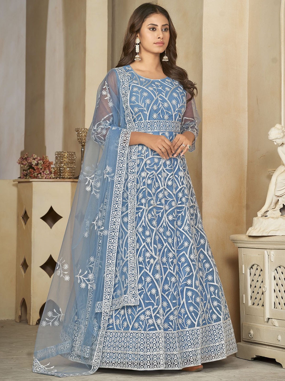 

Warthy Ent Floral Embroidered Net Semi-Stitched Dress Material, Blue