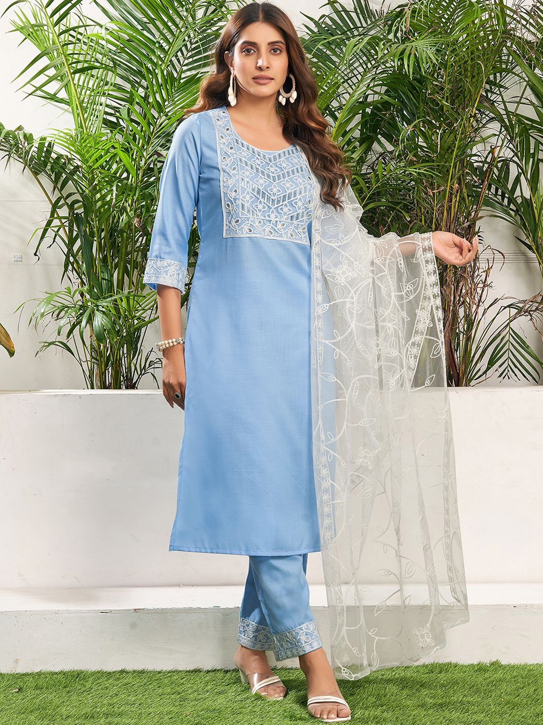 

KALINI Ethnic Motifs Yoke Design Sequinned Straight Kurta with Trousers & Dupatta, White