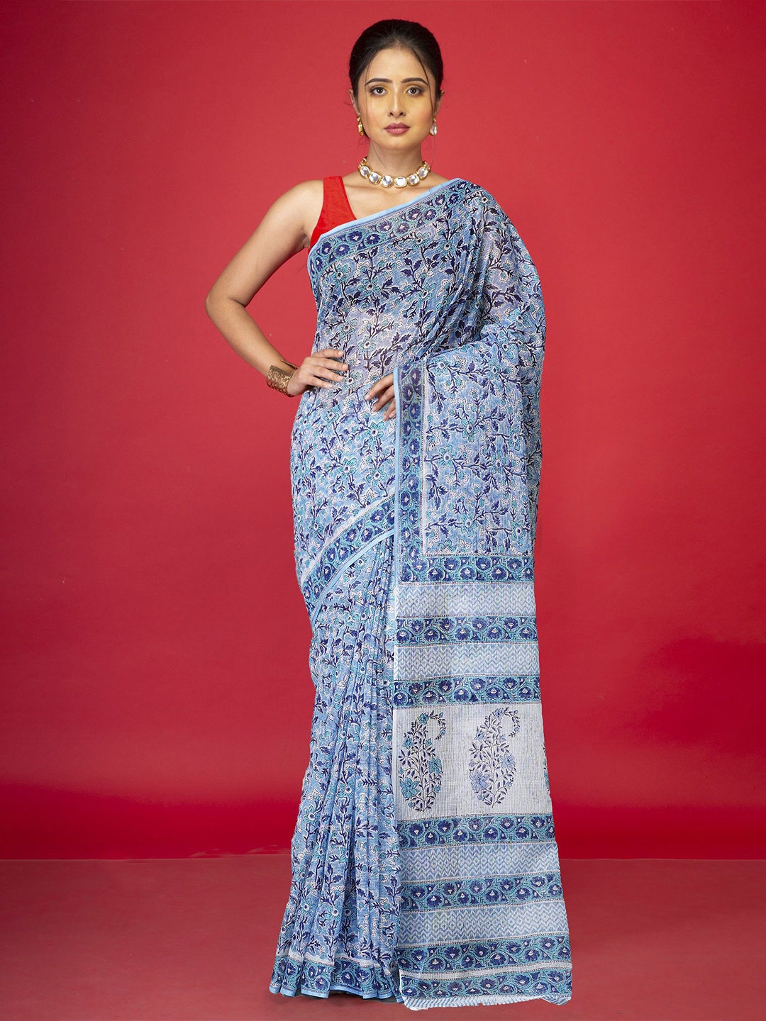 

Unnati Silks Printed Ethnic Motifs Silk Cotton Handloom Kota Saree, Blue