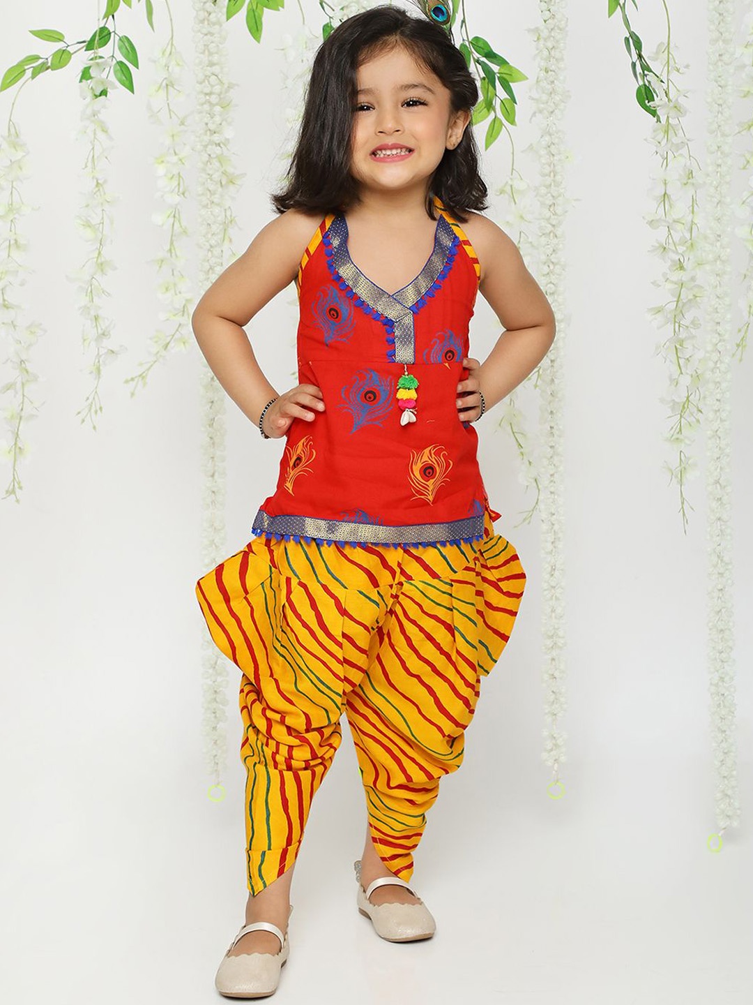 

KID1 Girls Ethnic Motifs Printed Halter Neck Pure Cotton Kurti with Dhoti Pants, Red