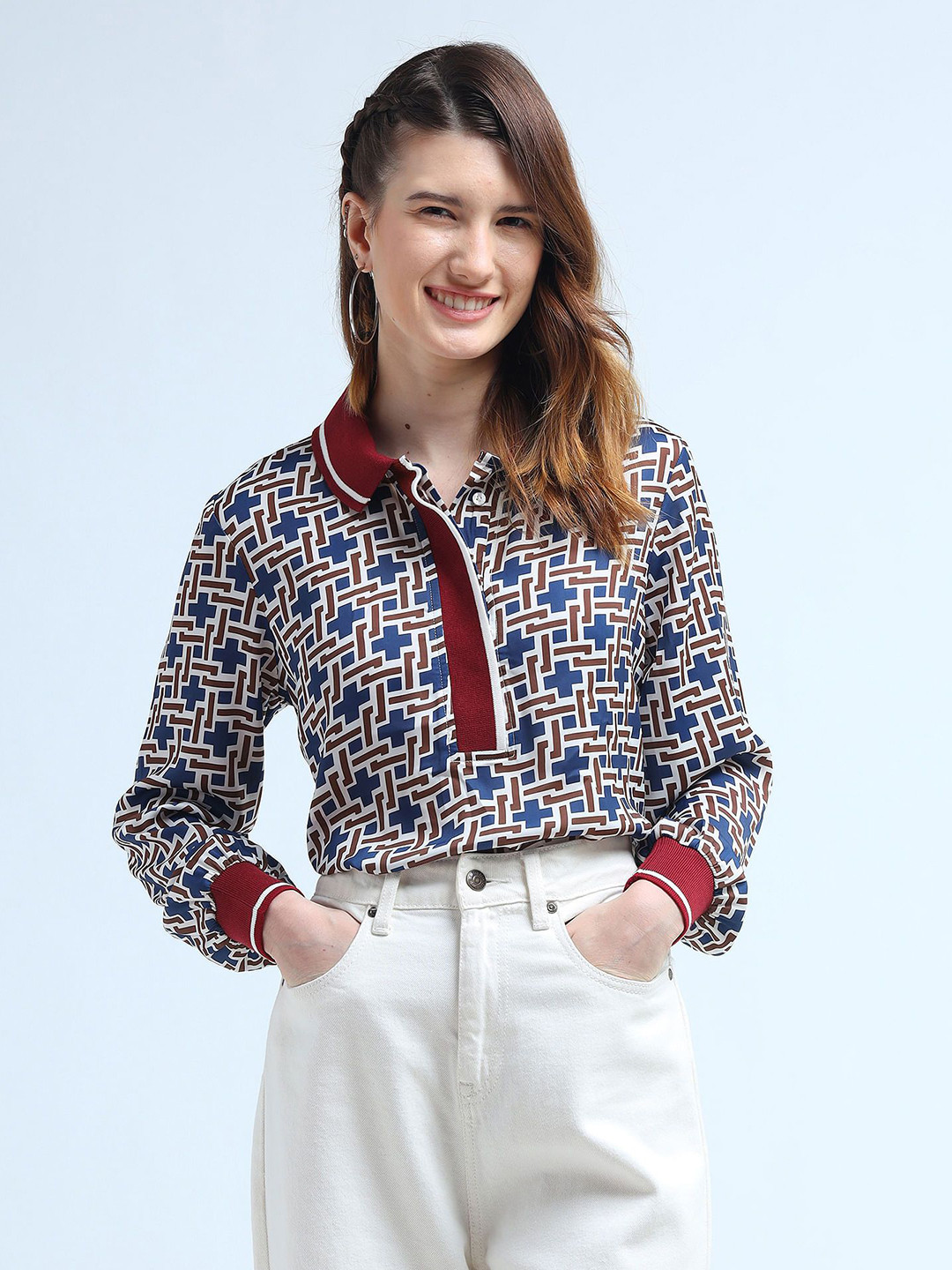 

U.S. Polo Assn. Women Geometric Printed Shirt Collar Top, Blue