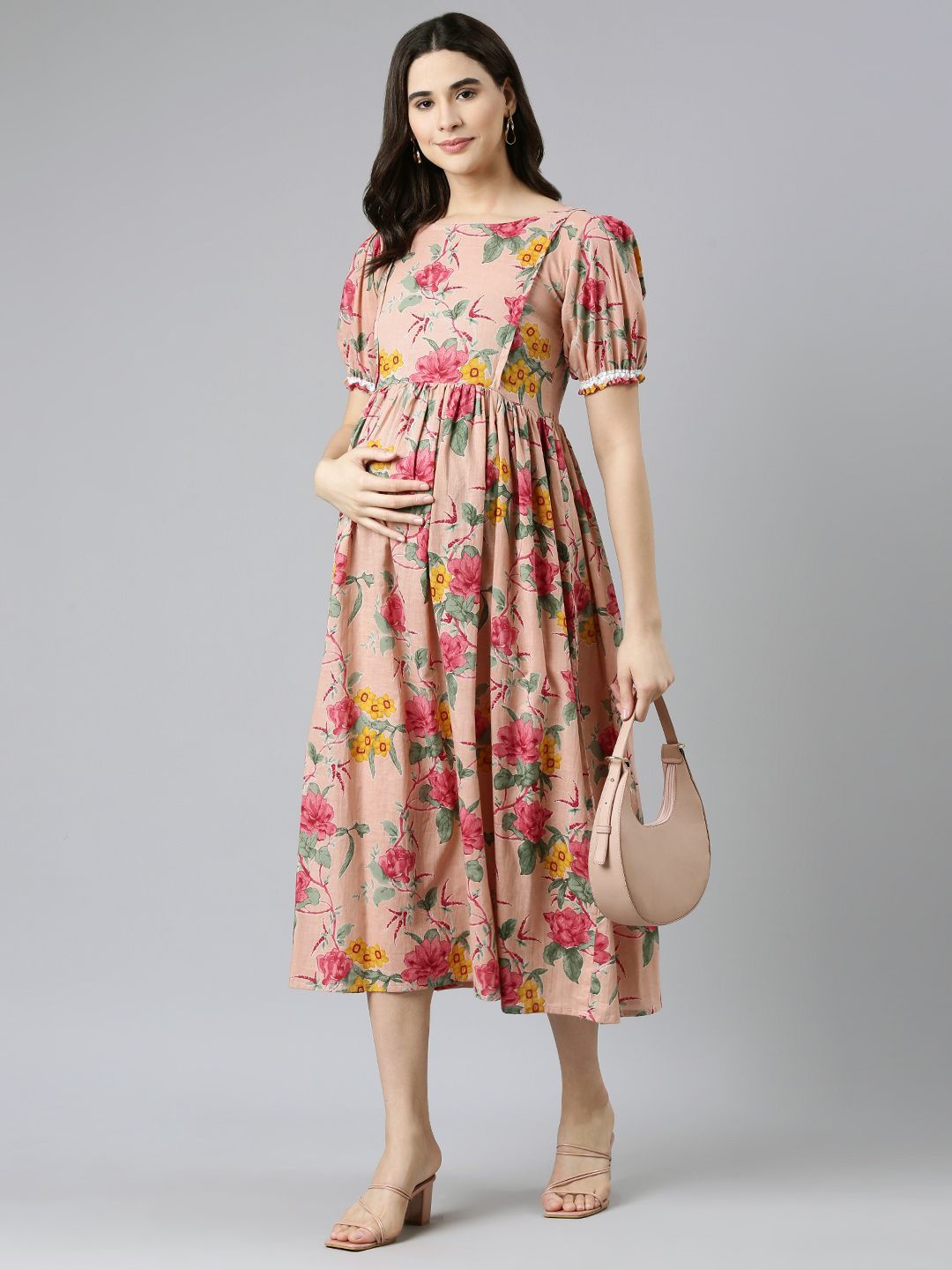 

Swishchick Floral Printed Maternity Empire Midi Dress, Beige