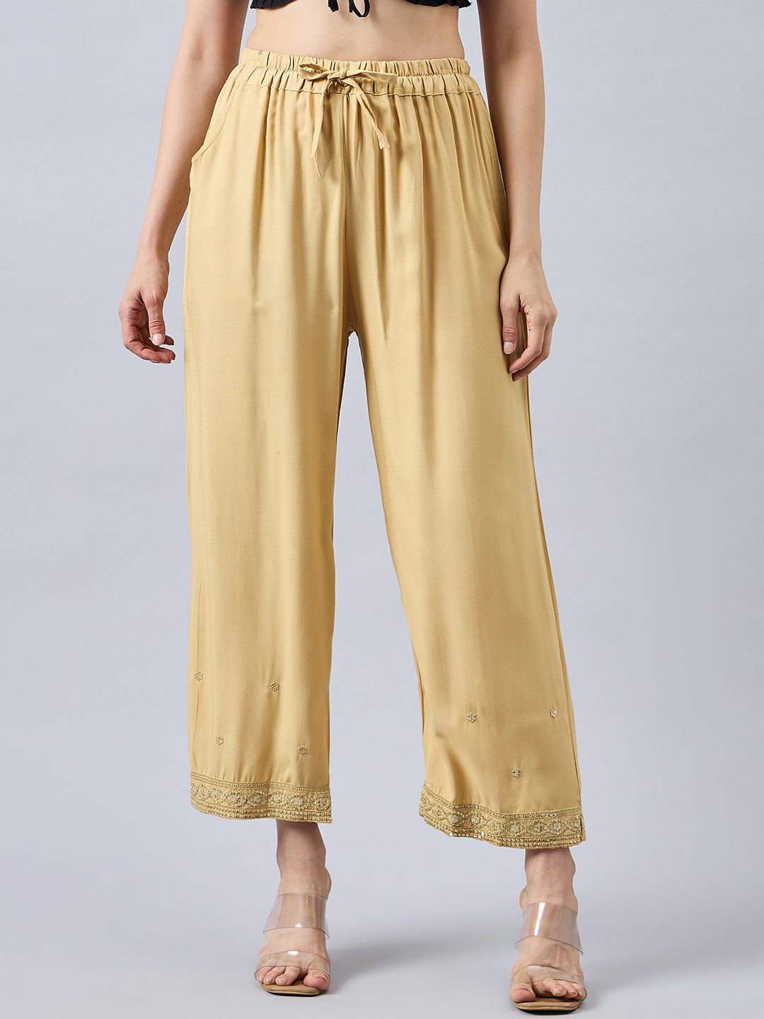 

THE PAJAMA FACTORY Women Embellished Palazzos, Beige