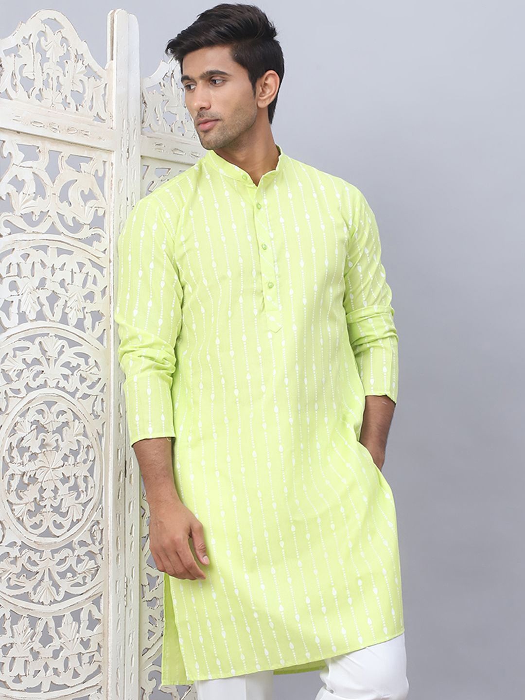 

Anouk Green Geometric Printed Mandarin Collar Straight Kurta