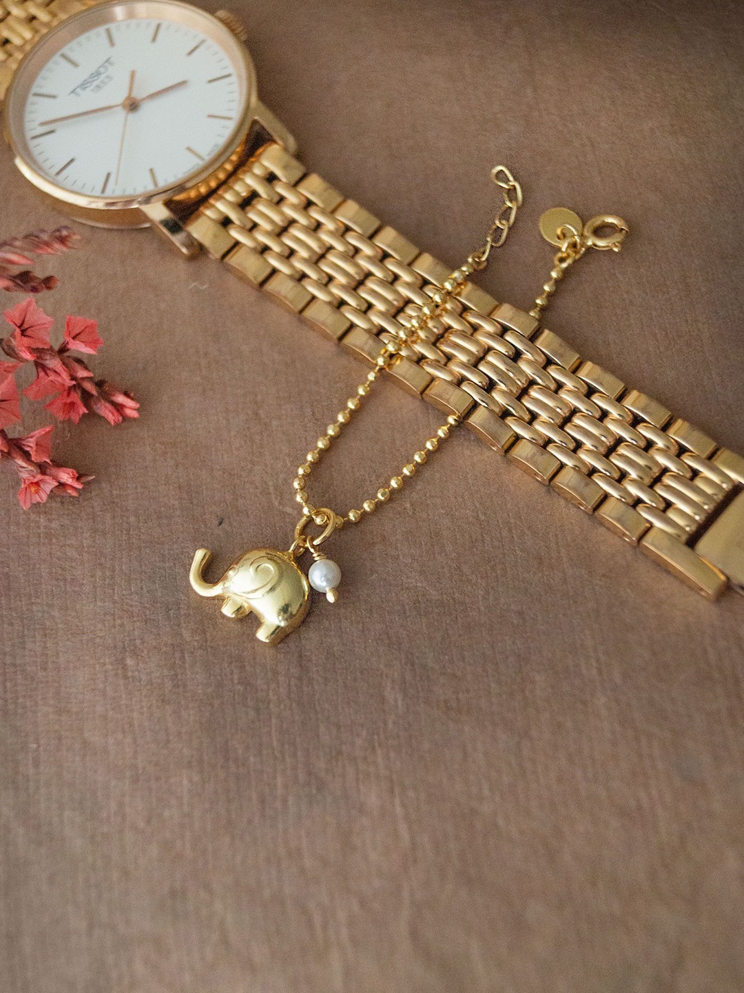 

MANNASH Sterling Silver Gold Plated Cute Elephant With Pearl Watch Charms