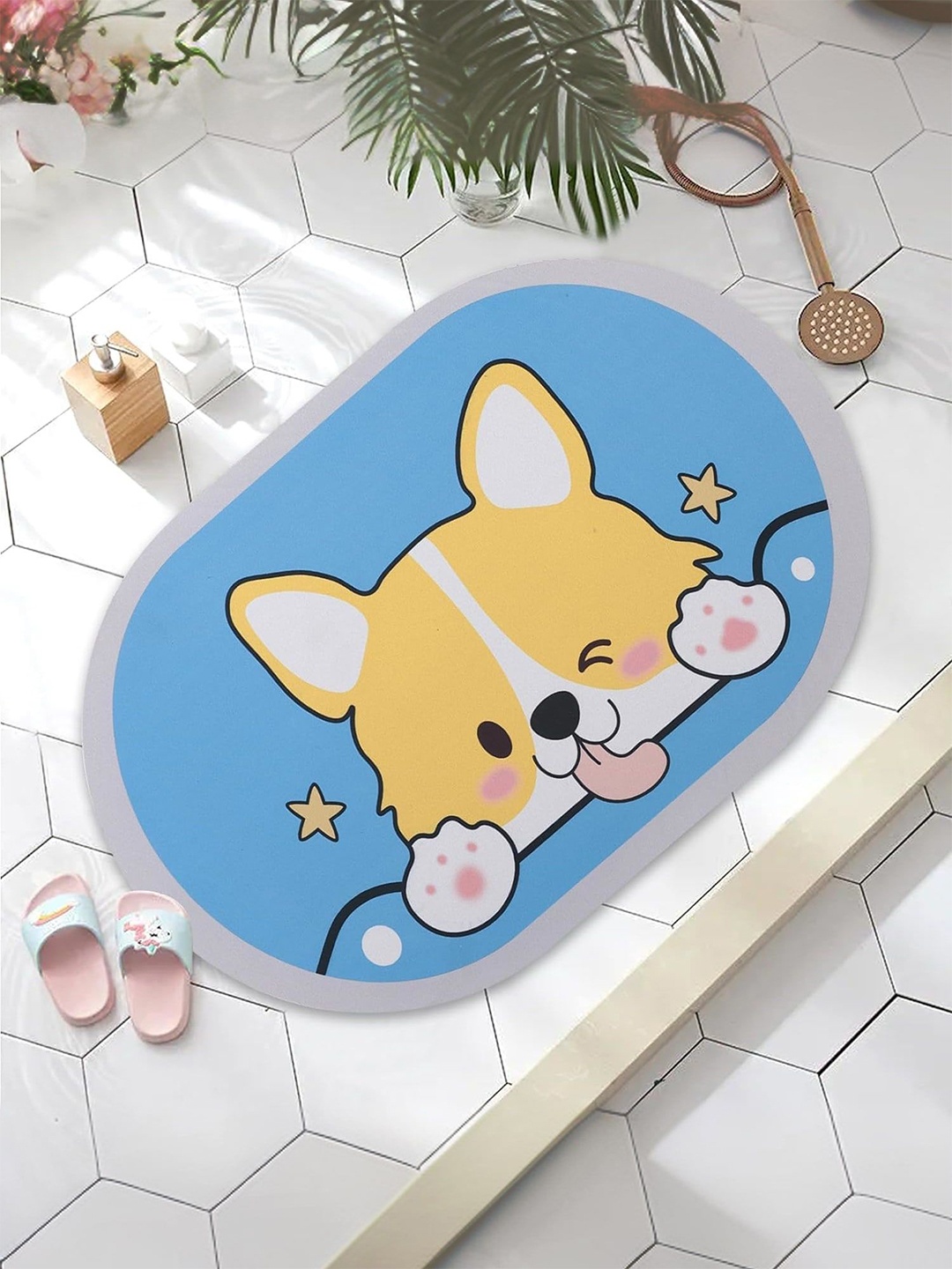 

Kuber Industries Blue & Yellow 5 Pieces Printed 240 GSM Anti-Skid Bath Rugs