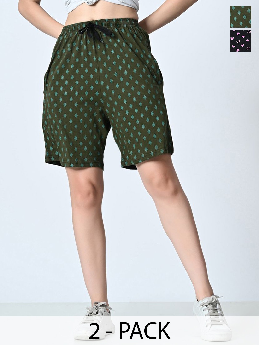 

BAESD Pack of 2 Women Printed High-Rise Shorts, Green