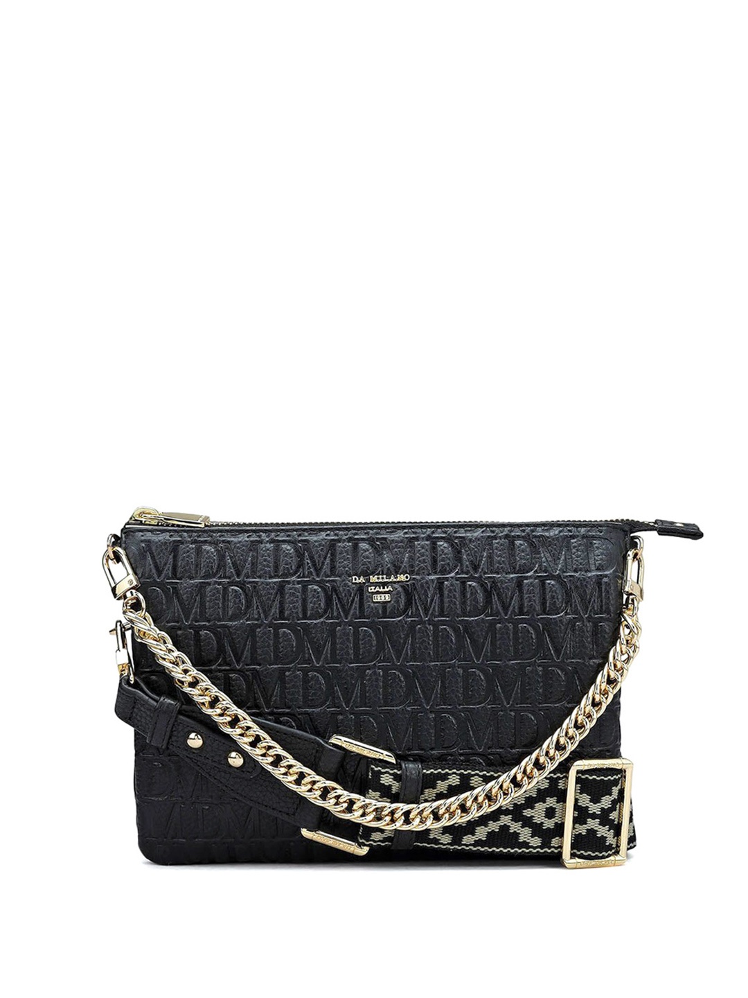 

Da Milano Textured Leather Structured Sling Bag with Applique, Black