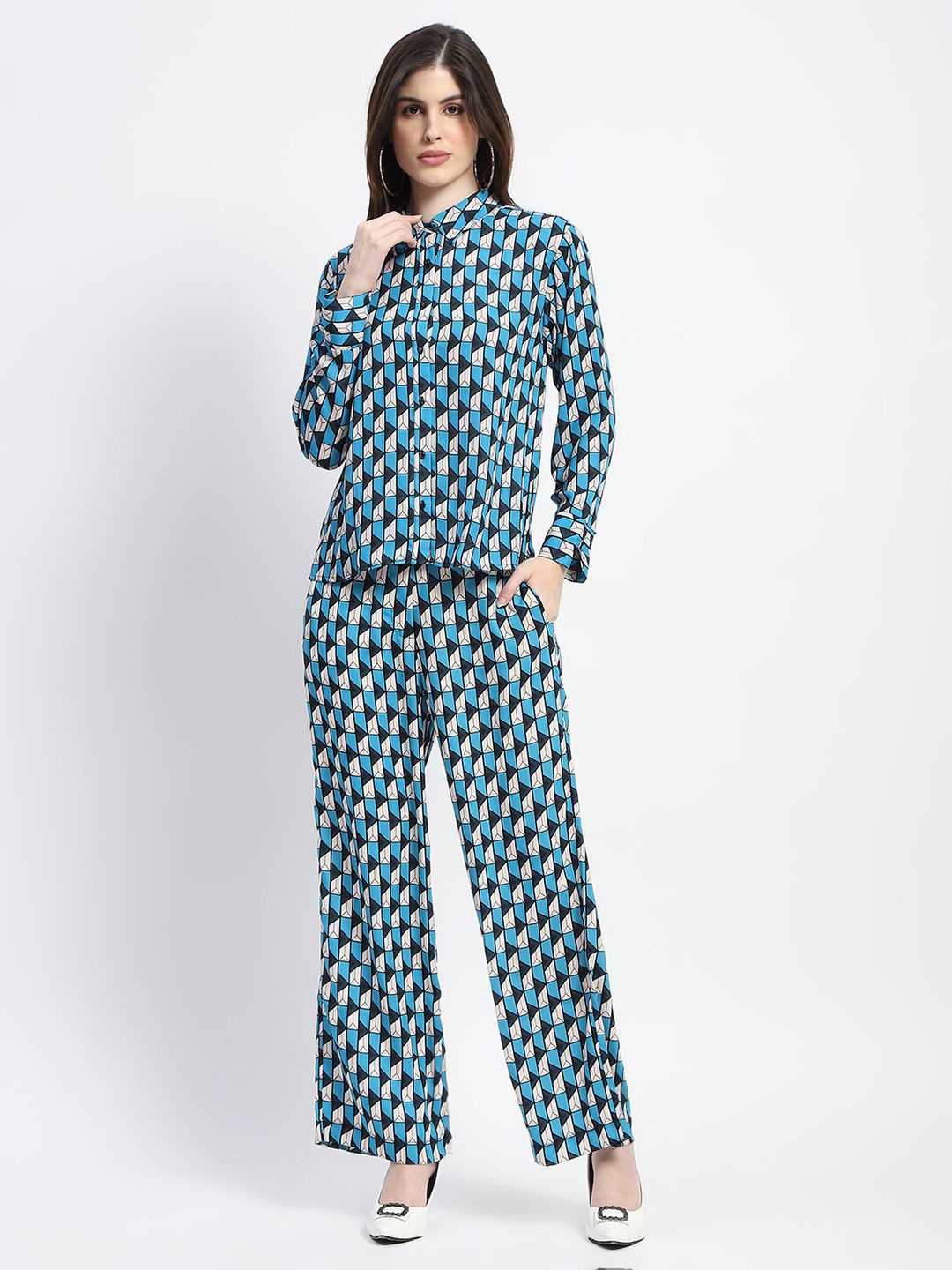 

Madame Printed Shirt with Trousers, Turquoise blue