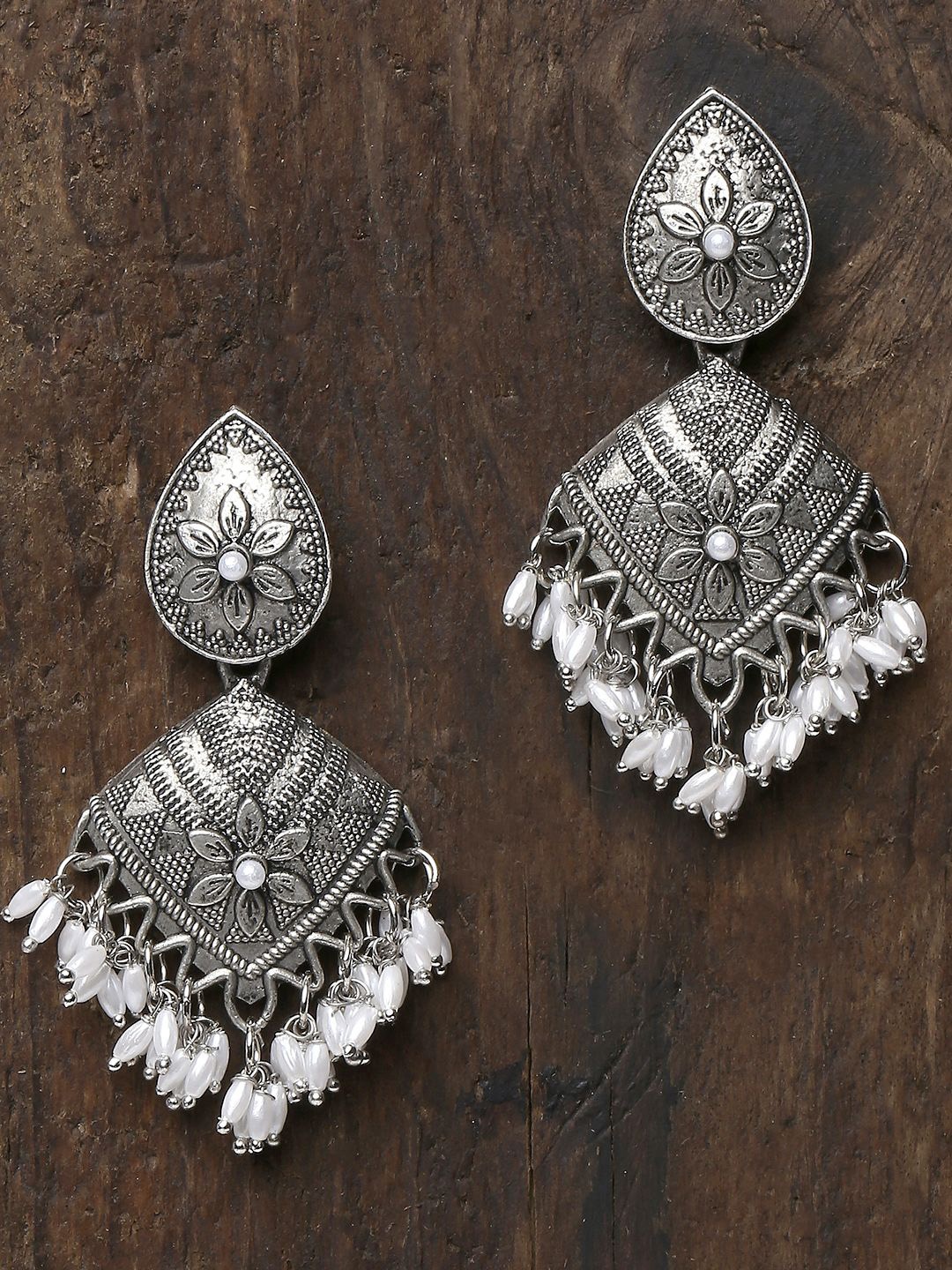 

Sangria Oxidized Stones Studded & Pearls Beaded Drop Earrings, Silver