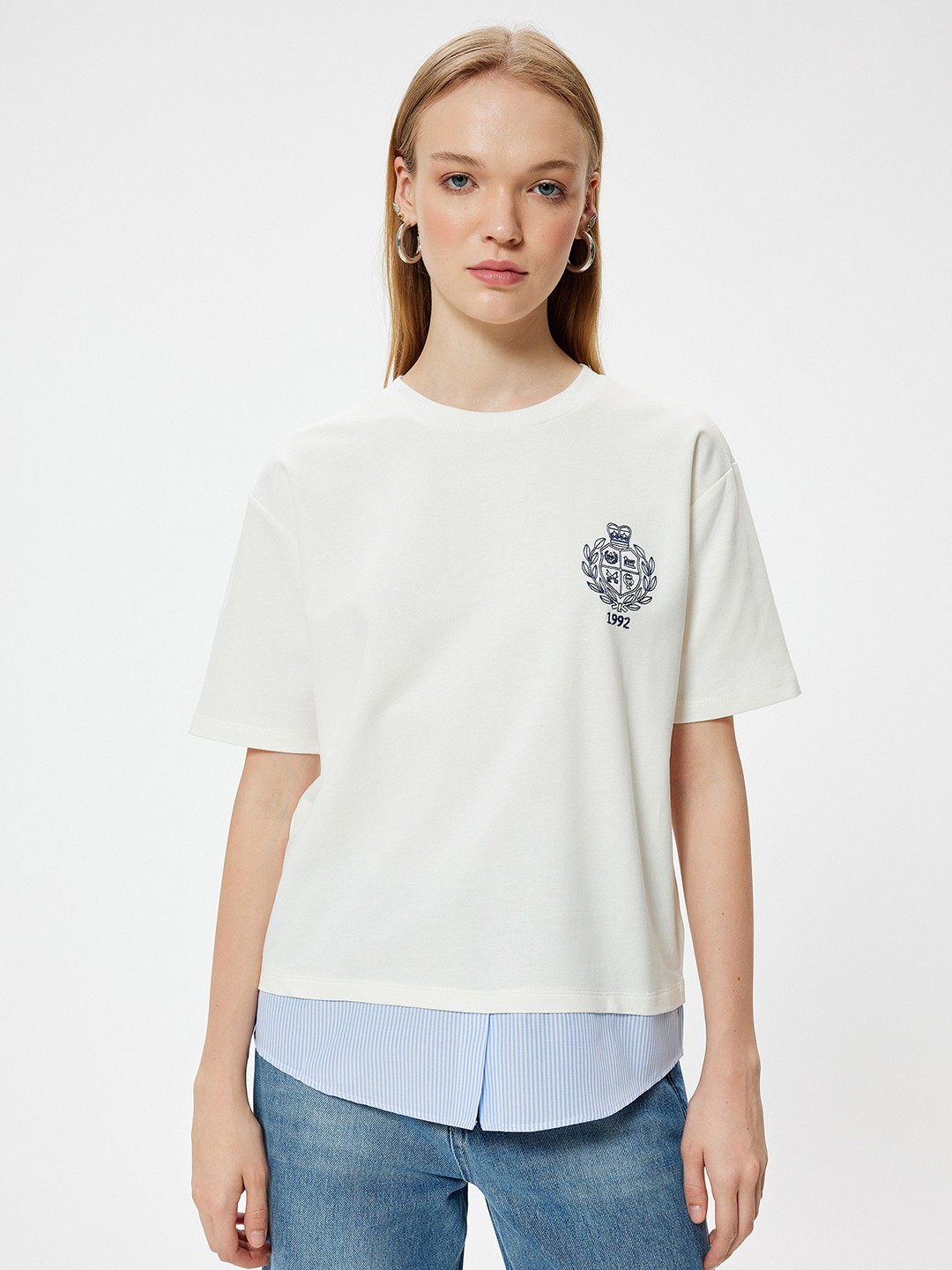 

Koton Women Graphic Printed Round Neck Cotton Oversized T-Shirt, Off white