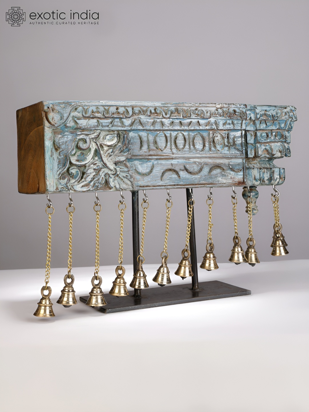

Exotic India Wooden Vintage Style Candle Holder with Brass Dangling Bells, Blue