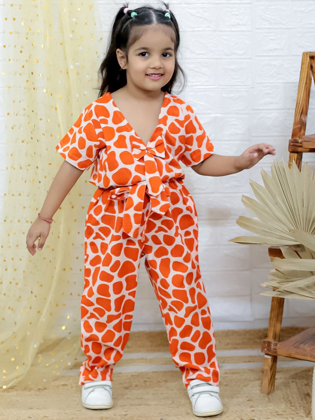 

UNBIND Girls Abstract Printed V-Neck Pure Cotton Top with Trousers, Orange