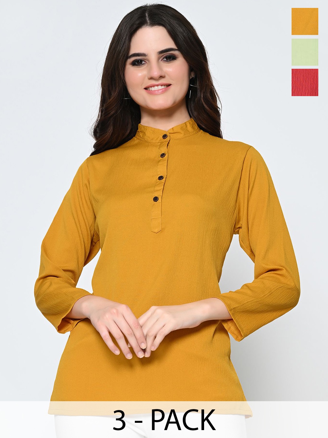 

BAESD Pack Of 3 Self Design Mandarin Collar Crepe Tops, Mustard