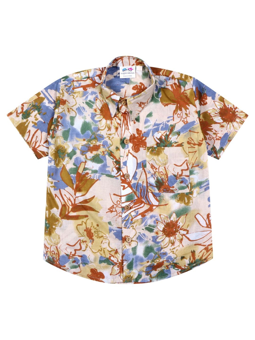 

Superminis Boys Modern Spread Collar Floral Printed Cotton Casual Shirt, Cream