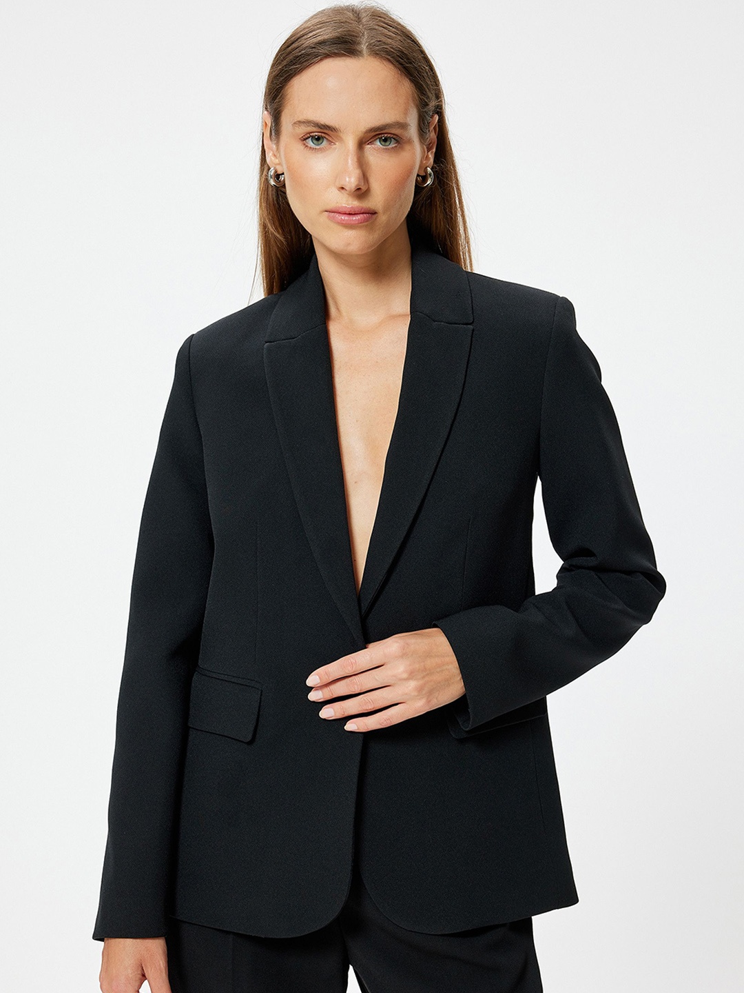 

Koton Women Solid Longline Tailored Jacket, Black