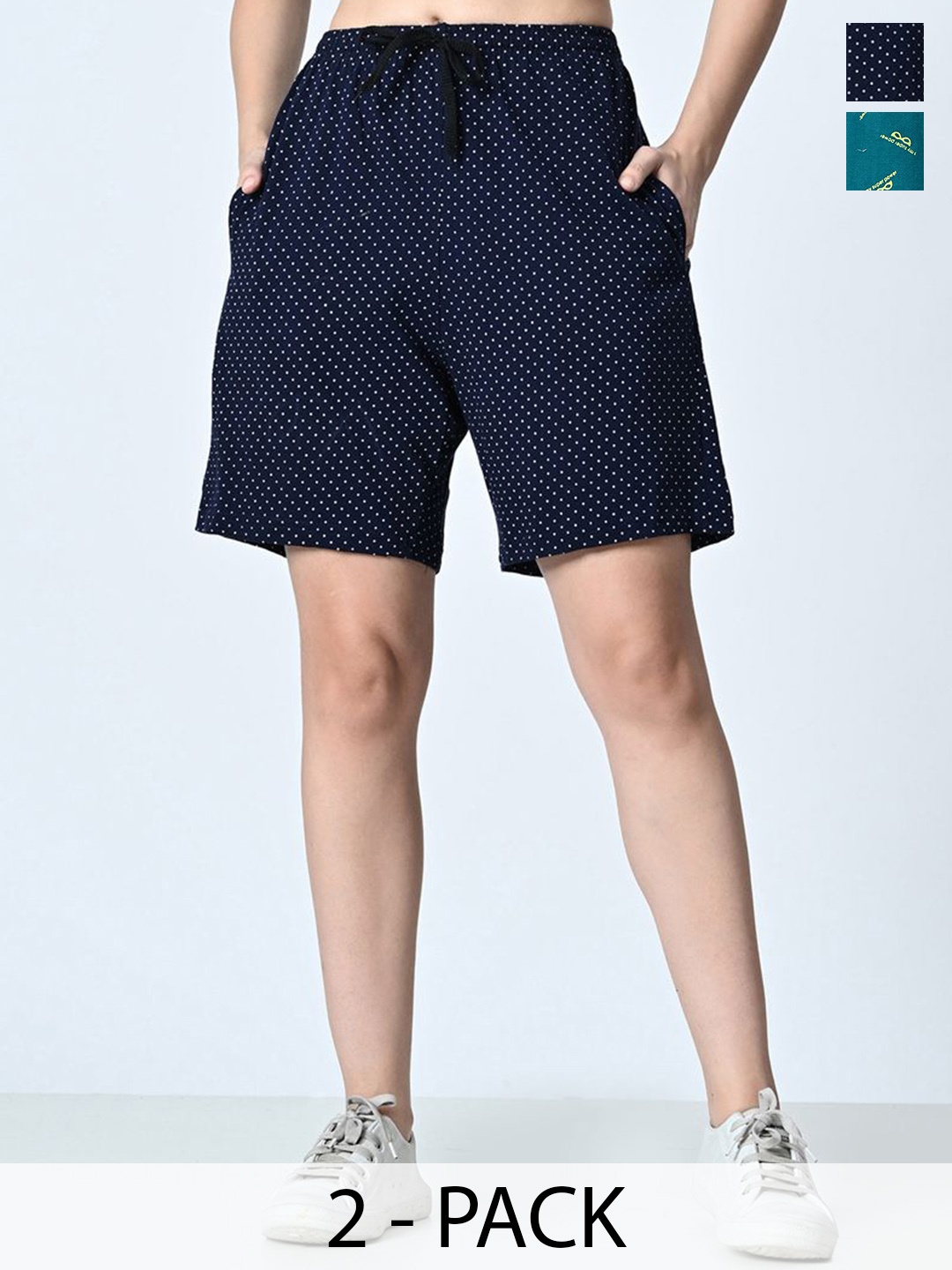 

BAESD Women Pack of 2 Pure Cotton Printed High-Rise Shorts, Navy blue