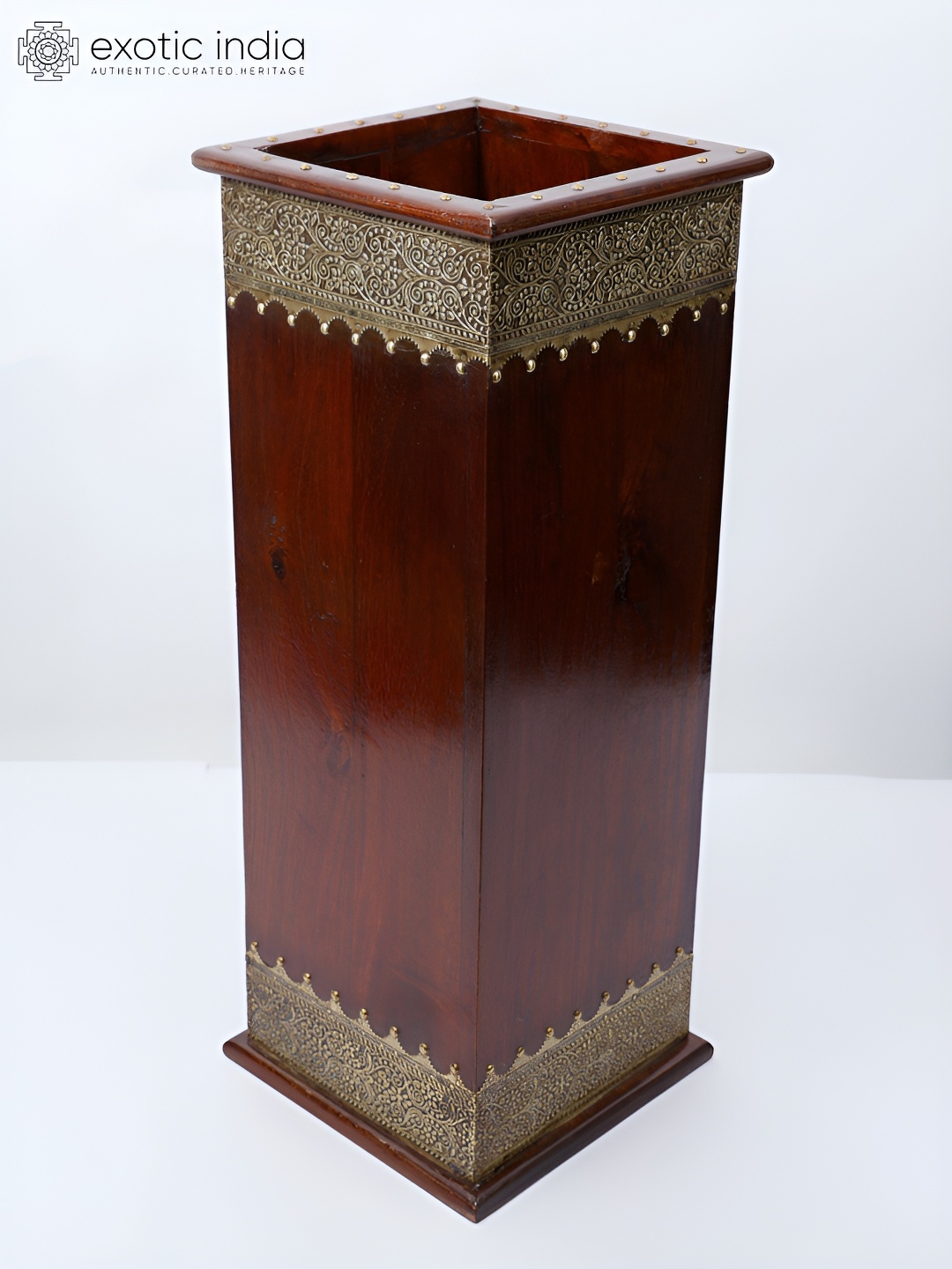 

Exotic India Brown & Gold Toned Wooden Planter With Brass Work