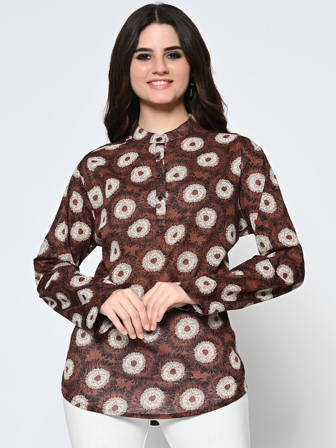 

BAESD Floral Printed Mandarin Collar Pure Cotton Straight Short Kurta, Brown