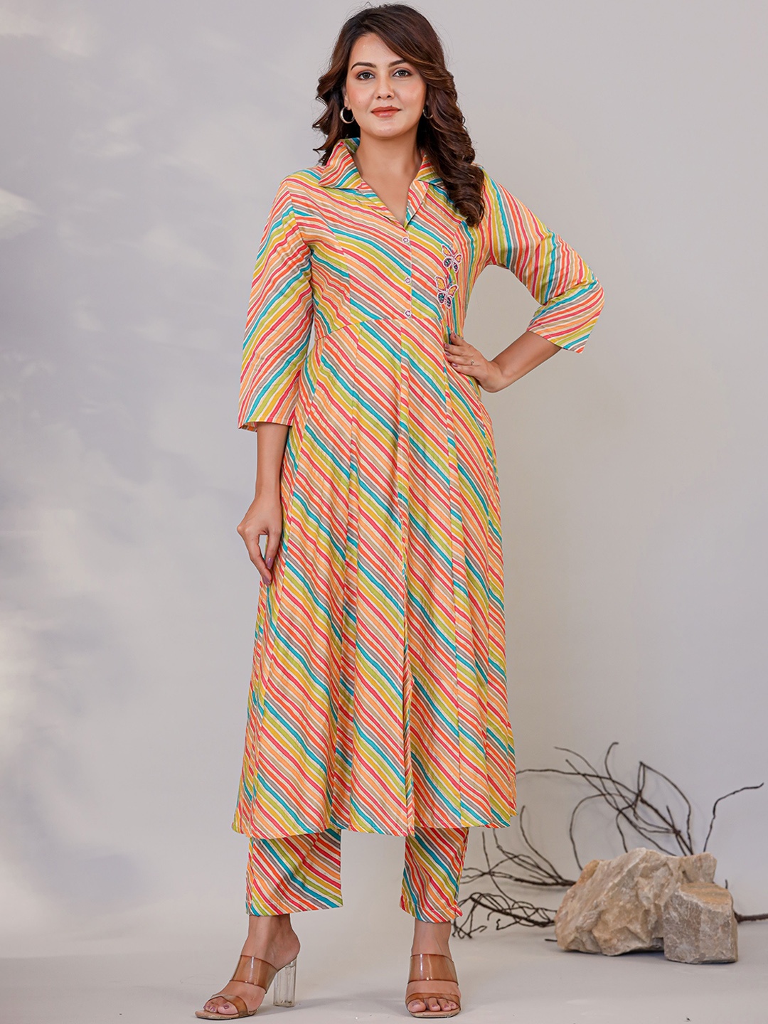 

LALI JAIPUR Striped Shirt Collar A-Line Kurta with Trousers, Orange